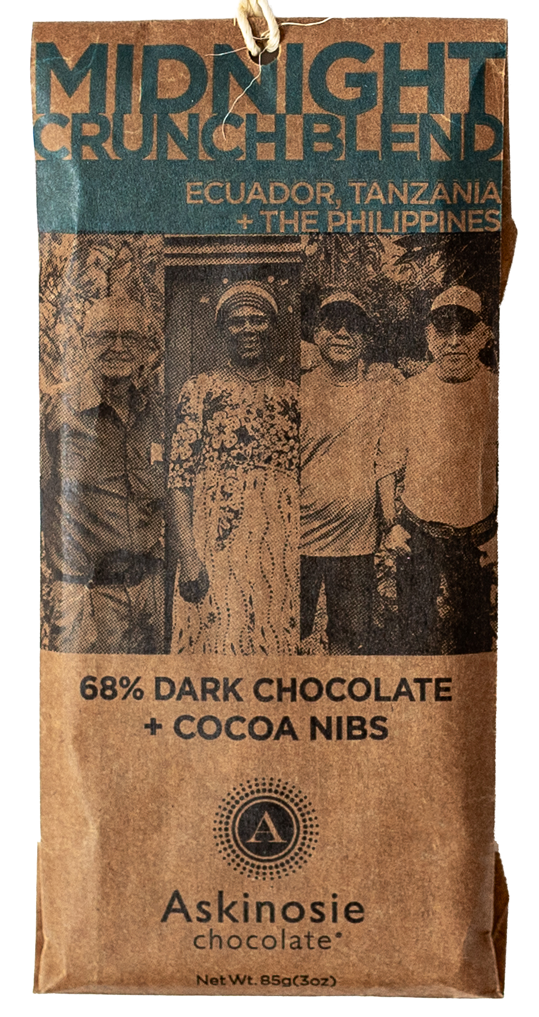 Kraft brown package featuring three farmer photos on the front in graphic black printing and Midnight Crunch Blend at the top in cerulean blue.